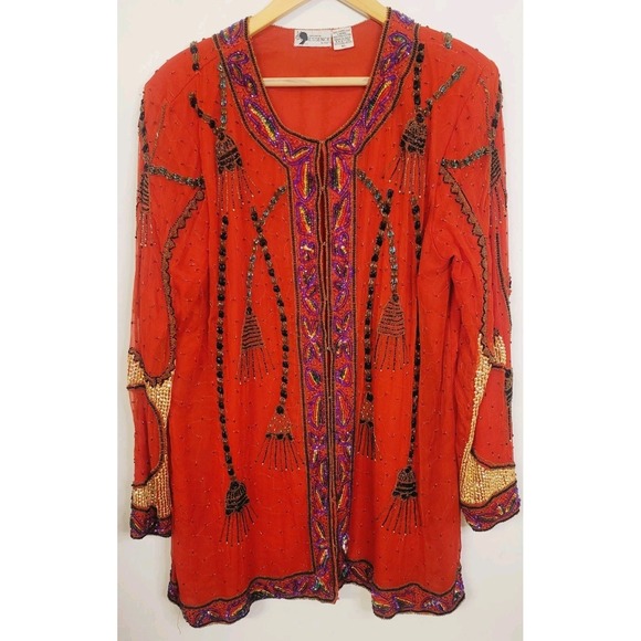 Opera Jacket 100% Silk‎ Eveningwear Beaded Sequin Jacket Kimono 80s Coat Duster - Picture 1 of 13
